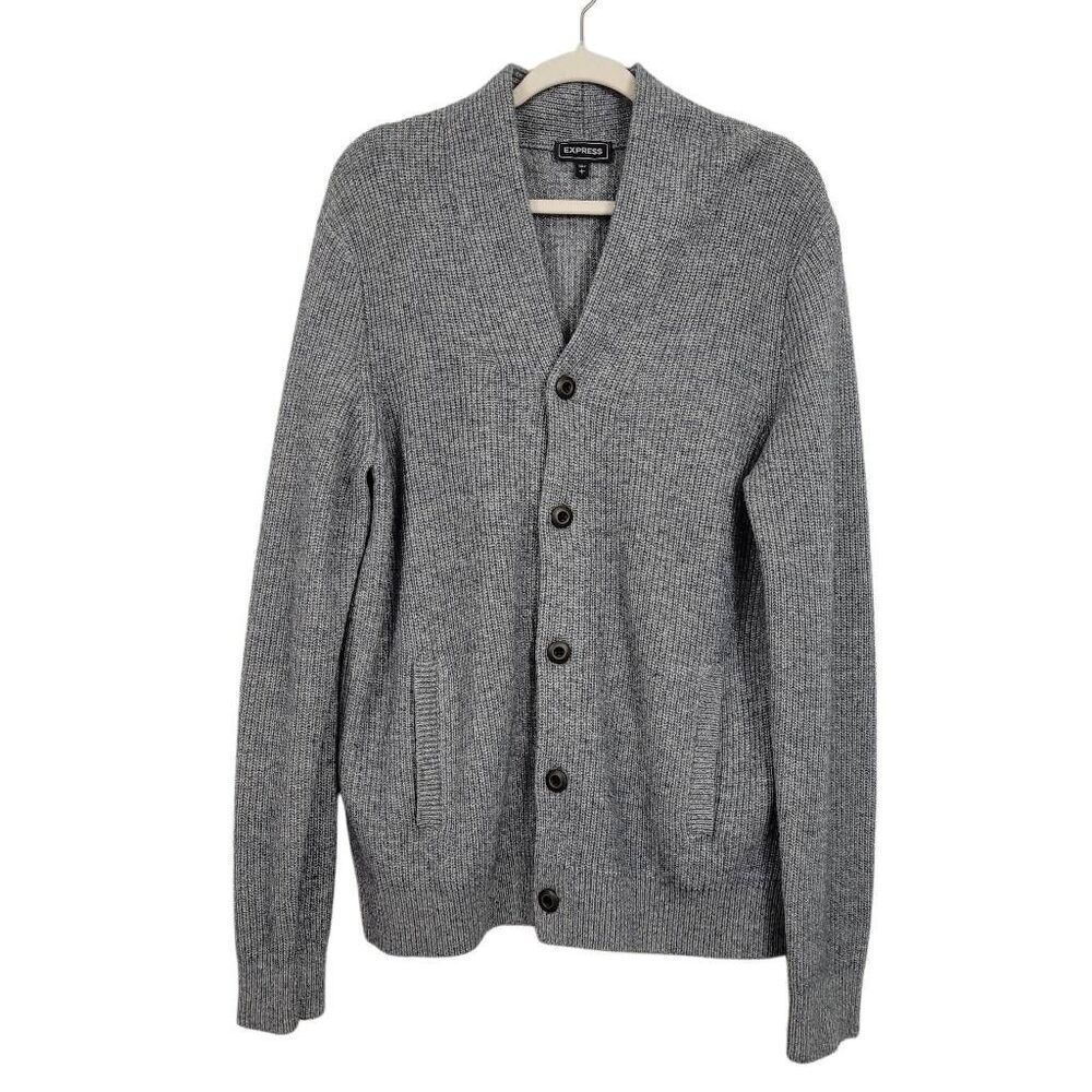 Express Gray Wool Blend‎ Chunky Knit Shawl Collar Cardigan Sz L Button Front